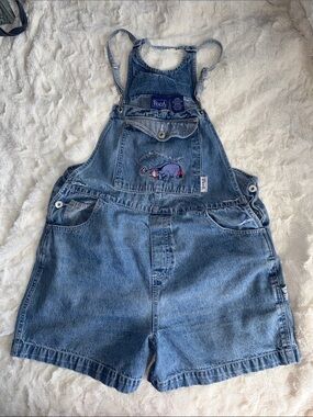 Pooh Embroidered Blue Denim Short Overalls - Women's Casual Romper